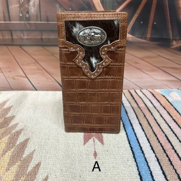 Alligator Print Leather Wallet With Cowhide Inlay Praying Cowboy Concho - Picture 1 of 6